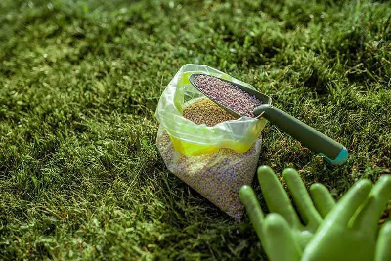 a bag of granulated fertilizer and a trowel