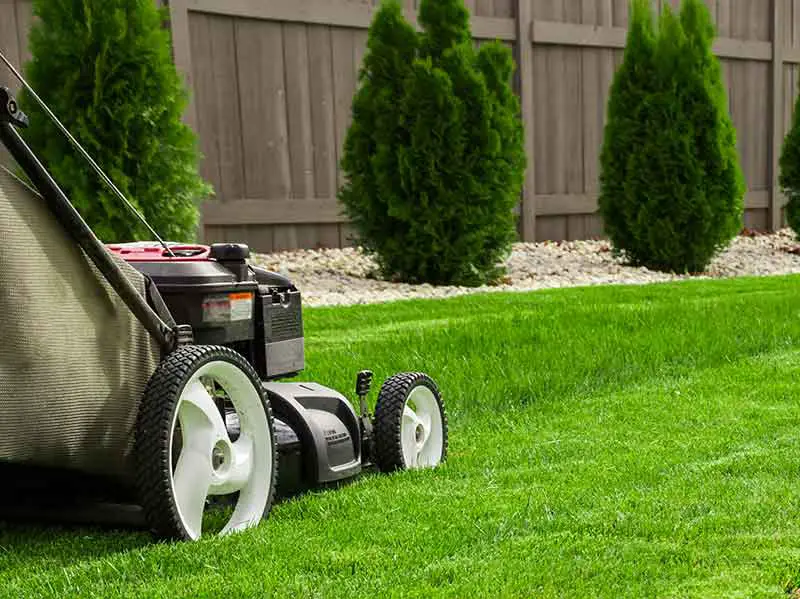 a lawn mower mowing a green lawn