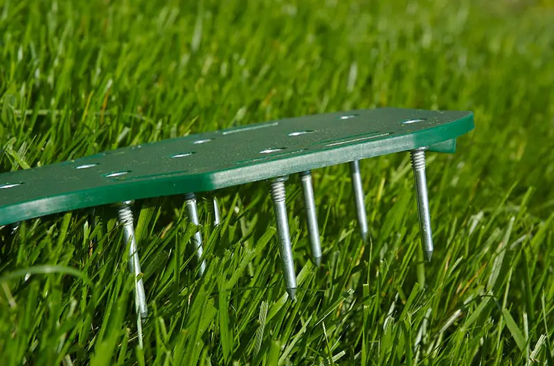 a spike aerator with metal tines on a grassy lawn