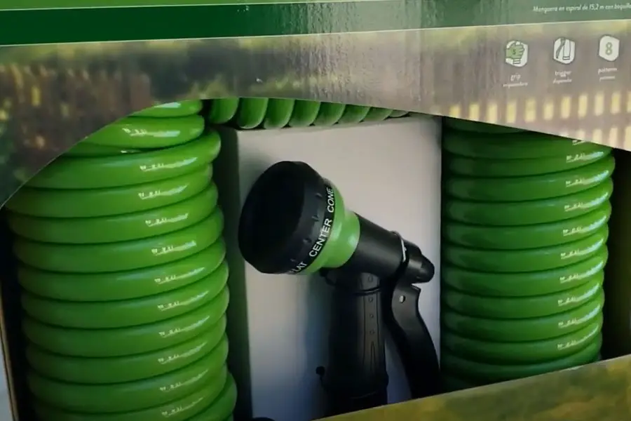 a green coiled hose