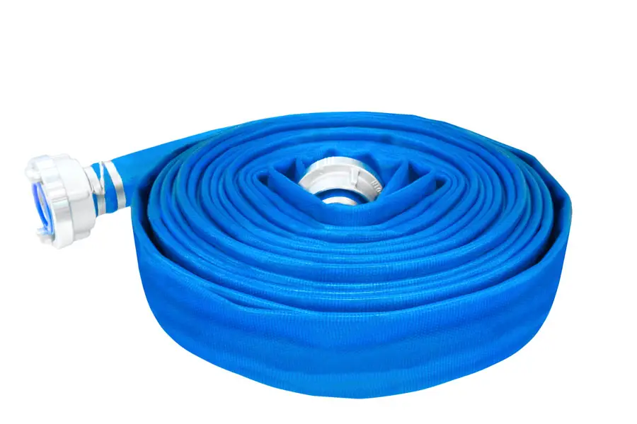 a coiled blue flat hose