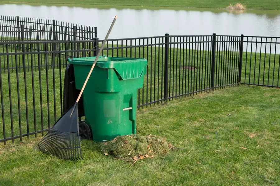 a rake next to a garbage bin, with a pile of grass next to it